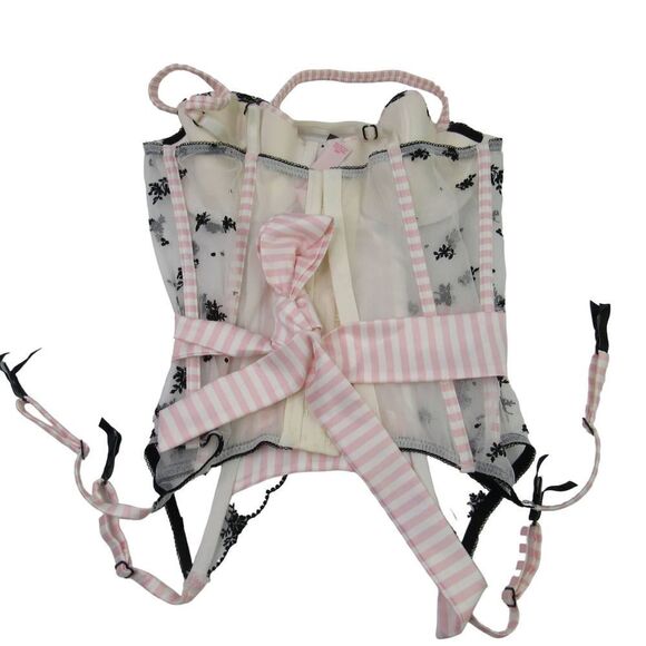 Victoria's Secret Signature Pink White Stripe and Black Floral Garter Corset 34B - Picture 4 of 5